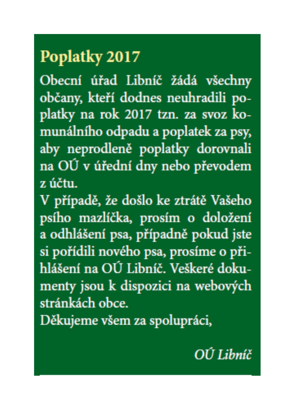 VÝZVA K ÚHRADĚ POPLATKŮ 2017